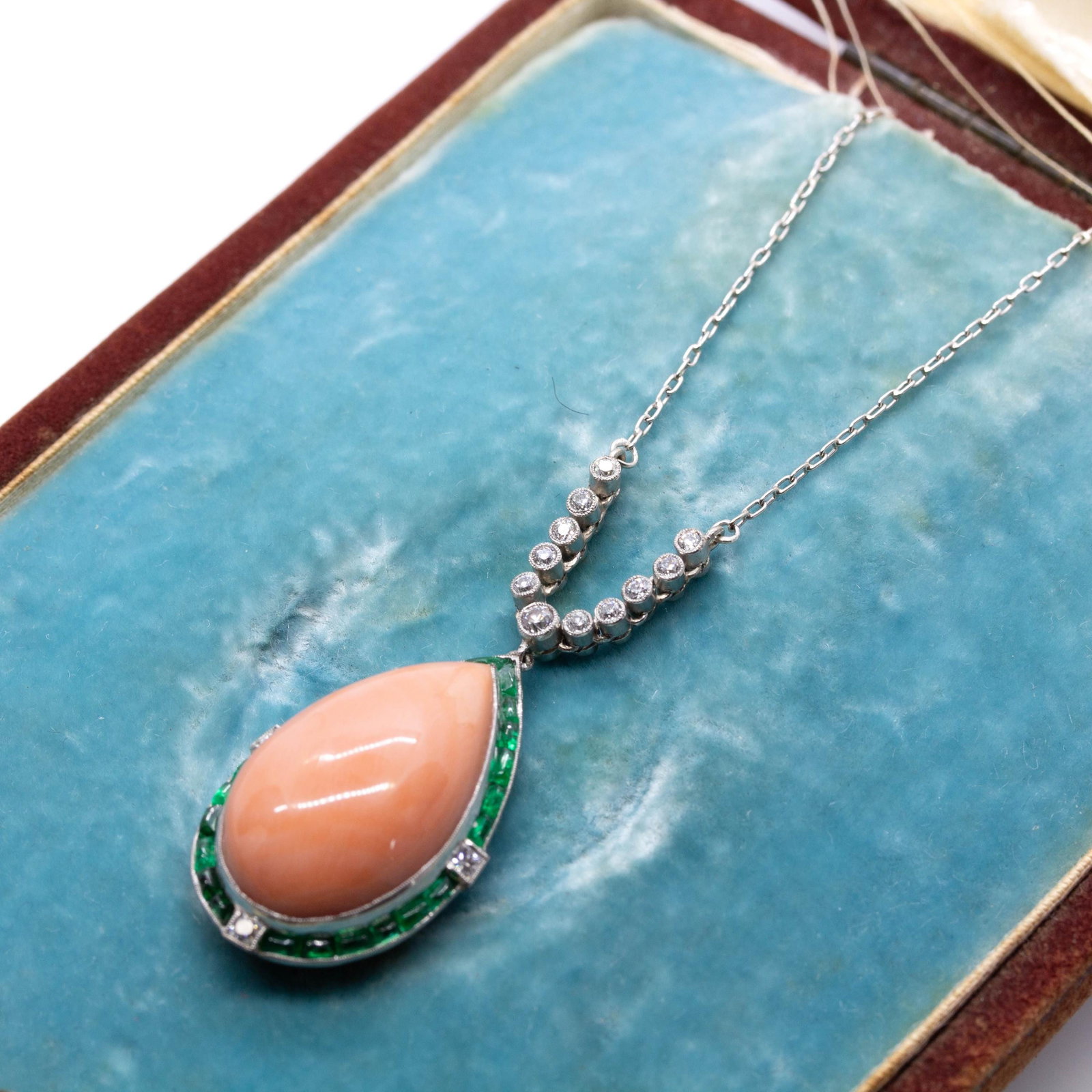 Estate Platinum Natural Coral, Emerald and Natural Diamond Pendant - 2