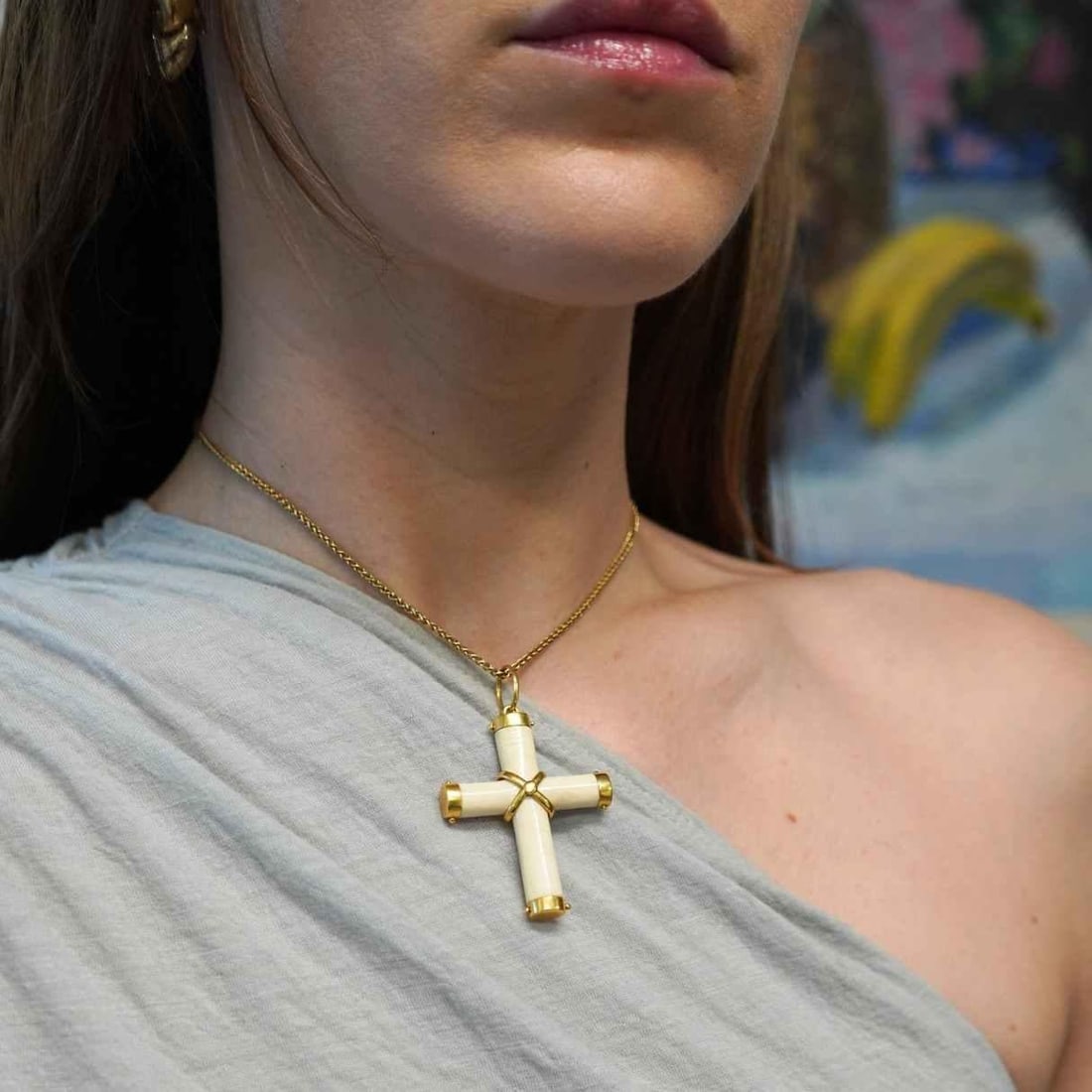 Italian 18K Gold Carved Bone Cross Pendant 14K Gold Chain Necklace - 2