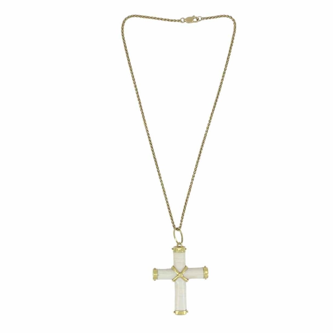 Italian 18K Gold Carved Bone Cross Pendant 14K Gold Chain Necklace - 3