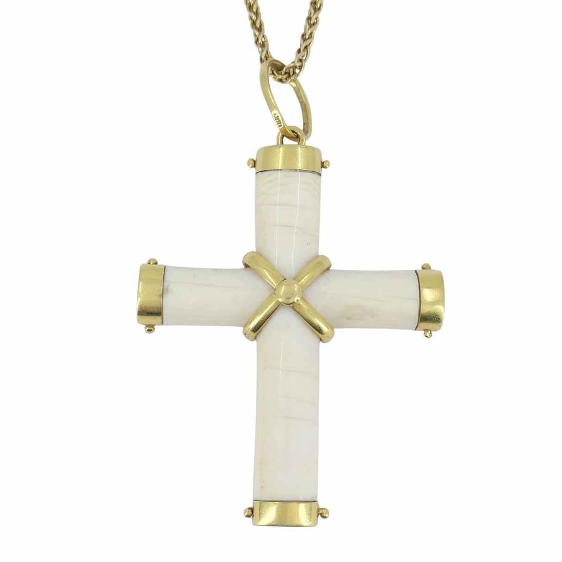 Italian 18K Gold Carved Bone Cross Pendant 14K Gold Chain Necklace - 4