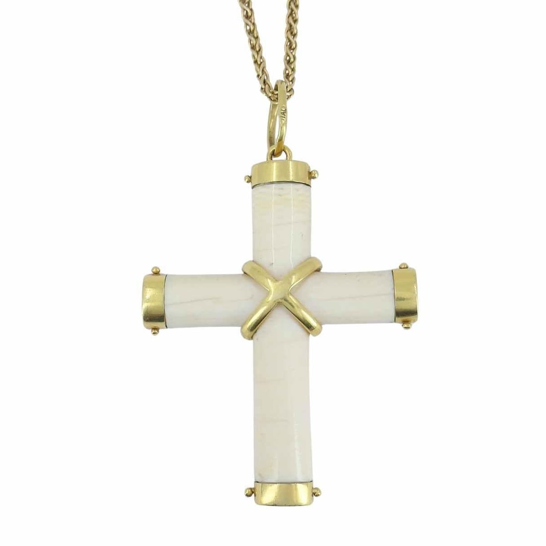 Italian 18K Gold Carved Bone Cross Pendant 14K Gold Chain Necklace - 5