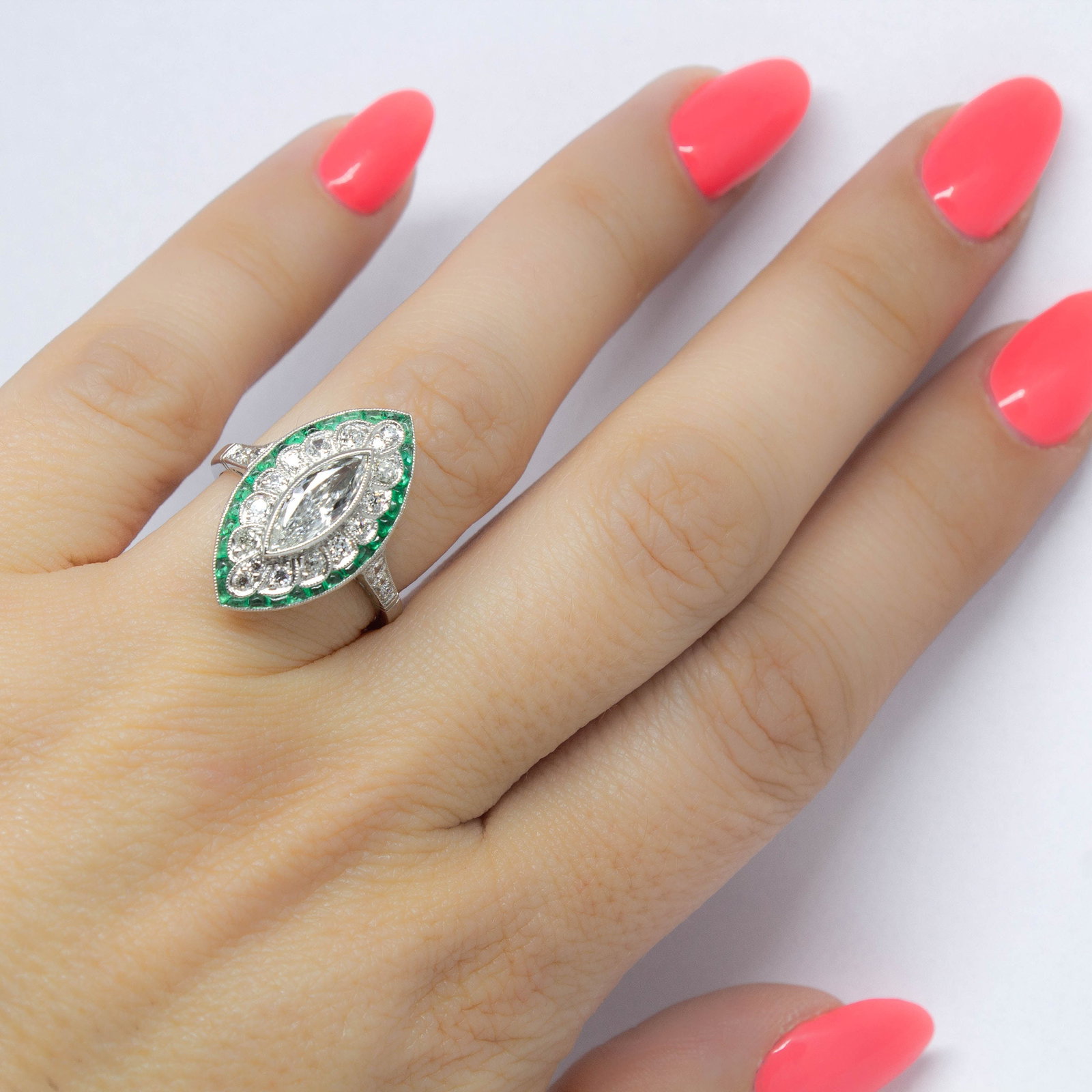 Handmade Platinum Ring with Antique Marquise Diamond and Emeralds - 6