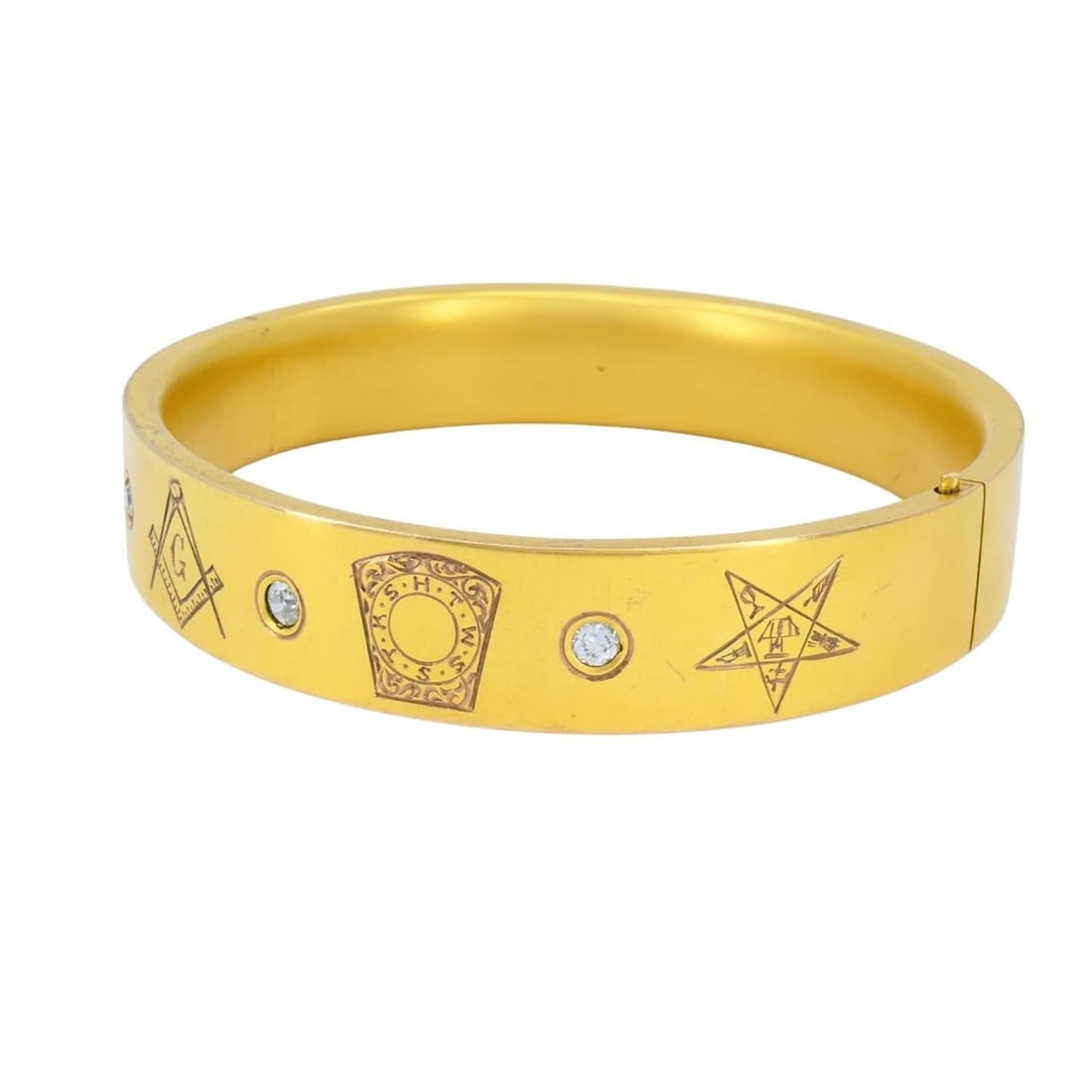Vintage 10k Gold Masonic Diamond Bracelet Freemason Hinged Bangle - 2