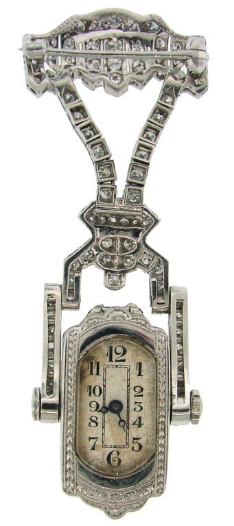 Art Deco Diamond & Platinum Lapel Watch with Glycine Movement - 4