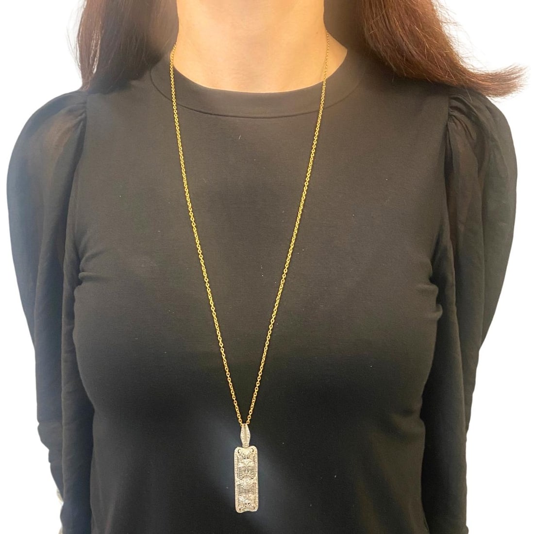 Art Deco Platinum Diamond Filigree Pendant 14k Gold Chain Necklace - 2