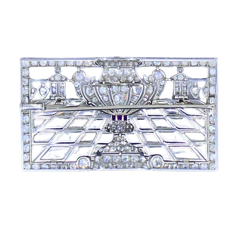Art Deco Platinum Diamond Brooch Black Onyx Ruby 1920s Vintage Jewelry - 3