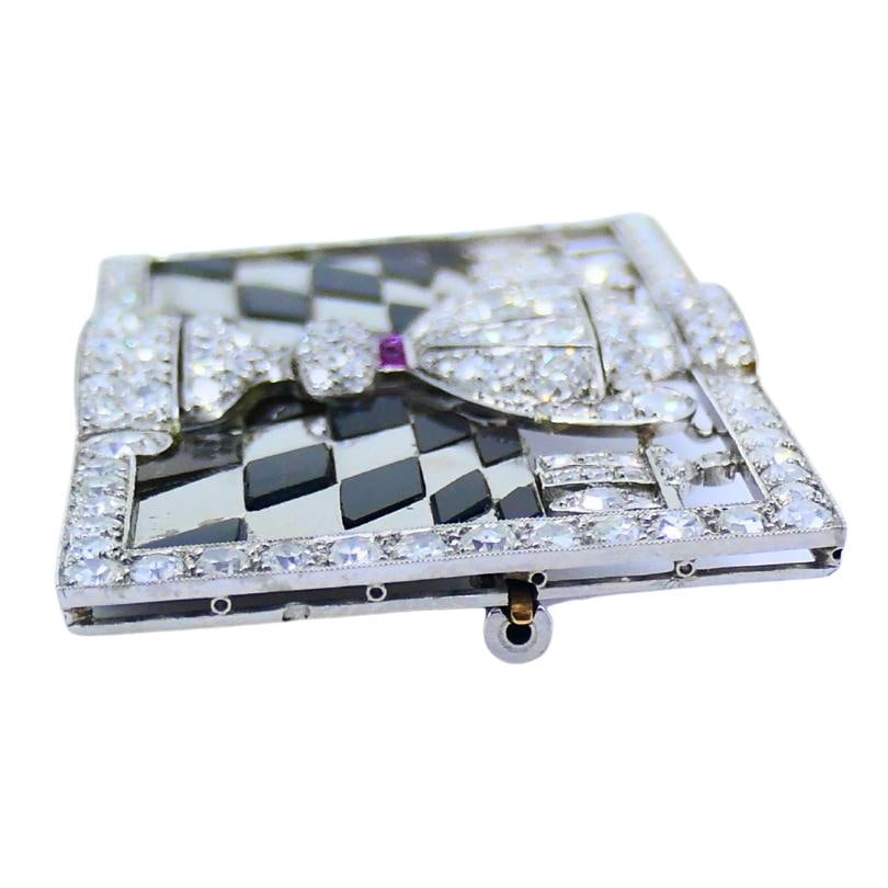 Art Deco Platinum Diamond Brooch Black Onyx Ruby 1920s Vintage Jewelry - 5