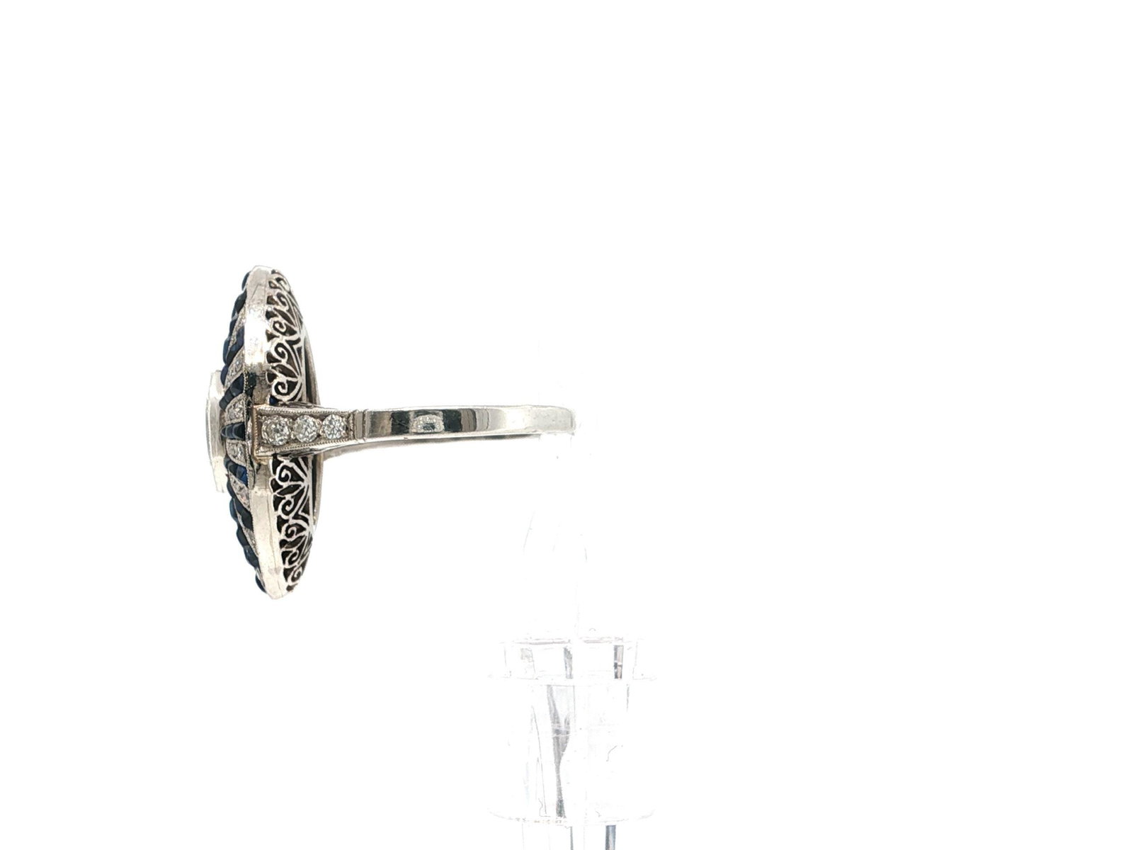 Vintage-Inspired Marquise Blue Sapphire Filigree Cocktail Ring in Platinum - 3
