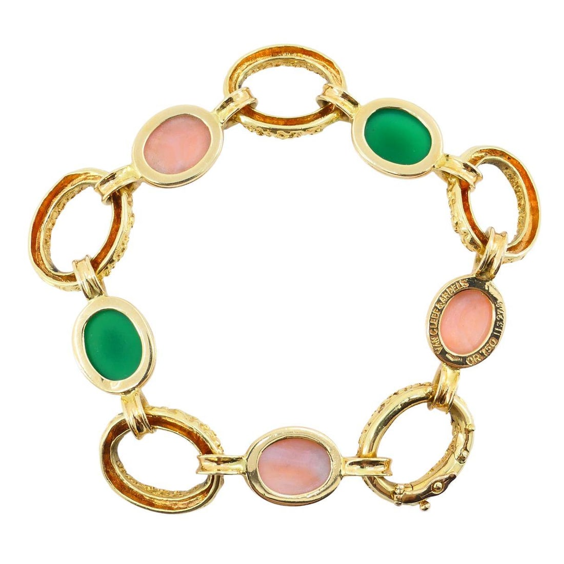 Vintage Van Cleef & Arpels 18k Gold Coral Chrysophrase Link Bracelet - 4