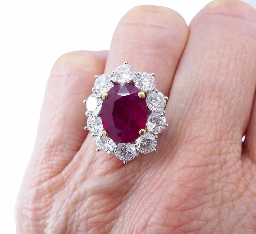 Vintage Burma Ruby Diamond Gold Cluster Ring AGL Estate Jewelry - 2