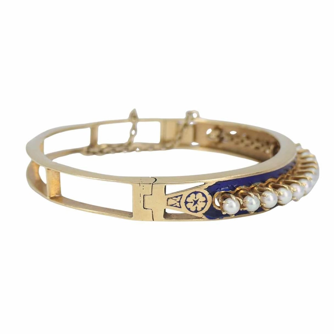 Victorian 14k Gold Pearl Enamel Hinge Bangle Bracelet - 4