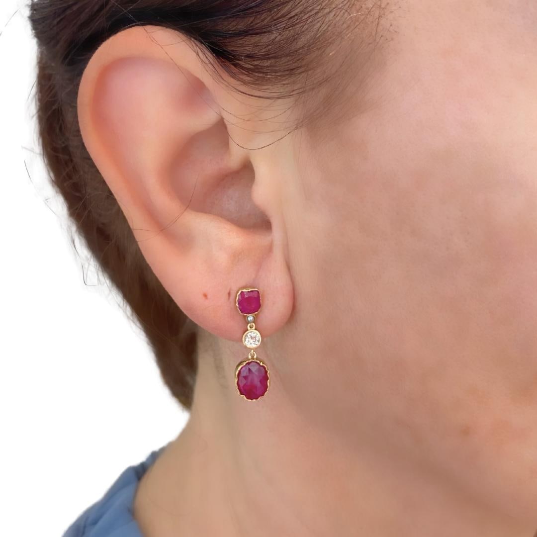 14k Gold Ruby Drop Earrings Diamond Accent - 2