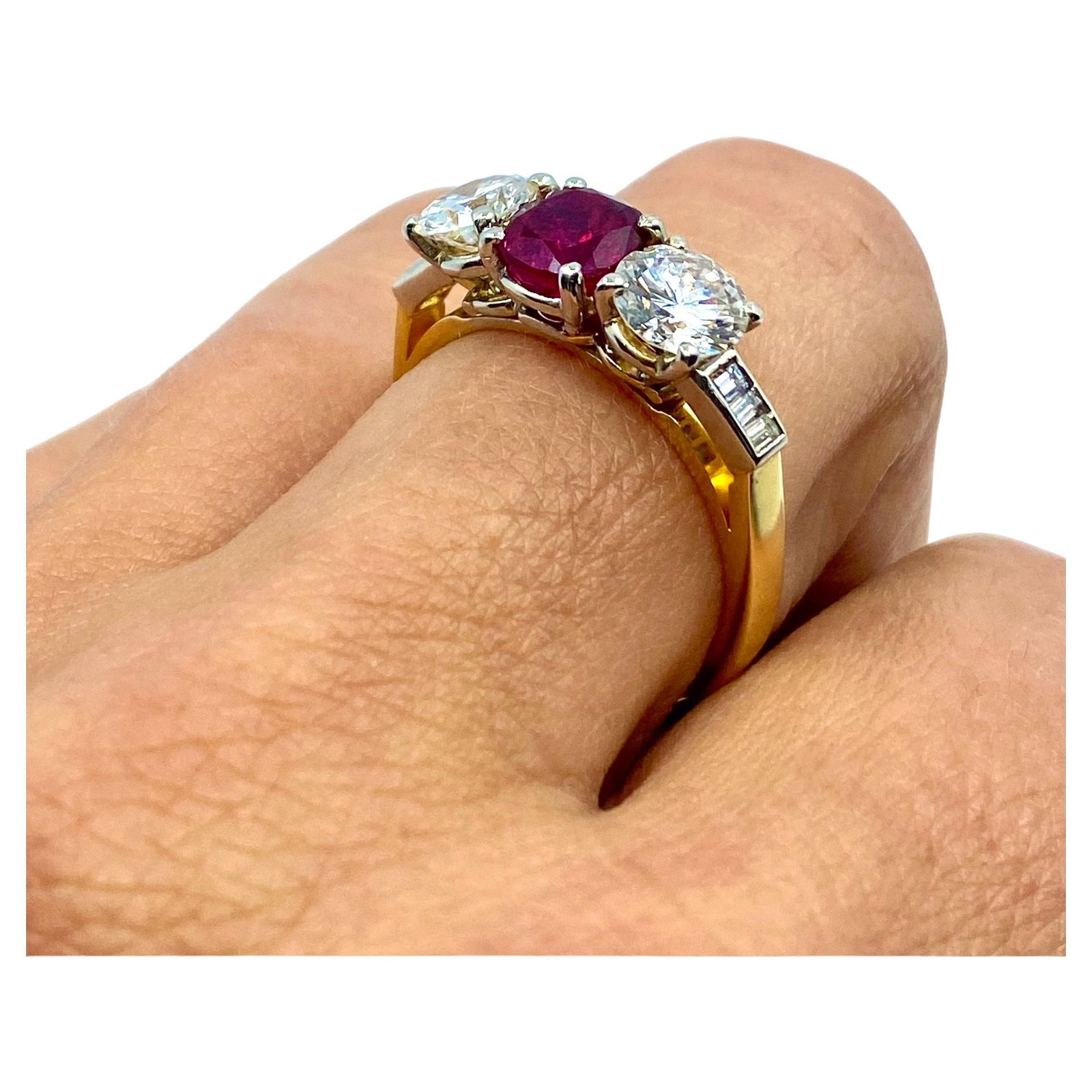Vintage Three Stone Ring Gold Ruby and Diamond Engagement - 3