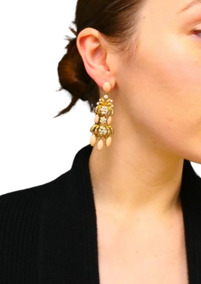 Vintage Angel Skin Coral Dangle Earrings 18k Gold Diamond Estate Jewelry - 2