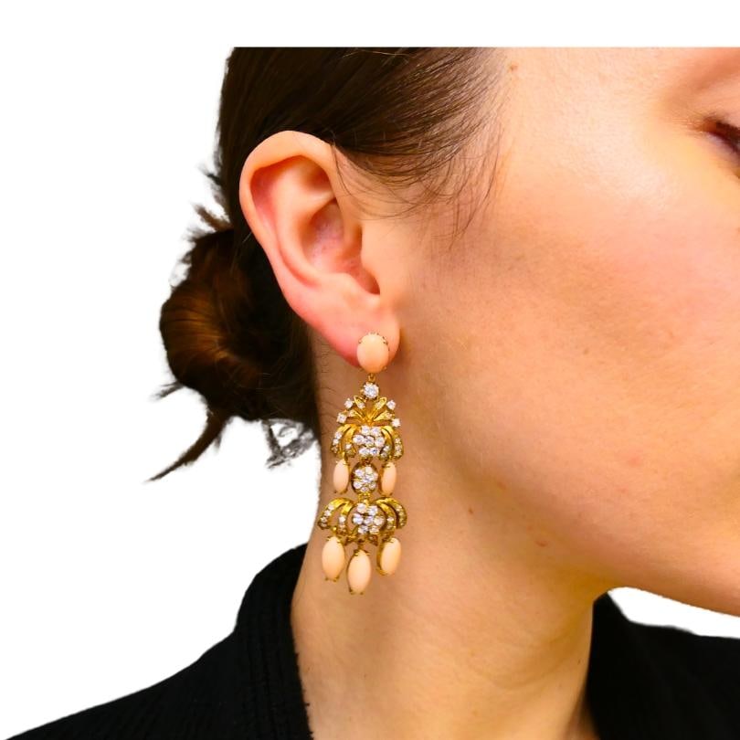 Vintage Angel Skin Coral Dangle Earrings 18k Gold Diamond Estate Jewelry - 3