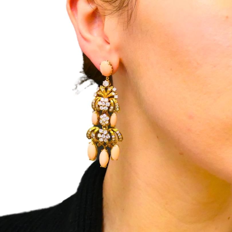 Vintage Angel Skin Coral Dangle Earrings 18k Gold Diamond Estate Jewelry - 4