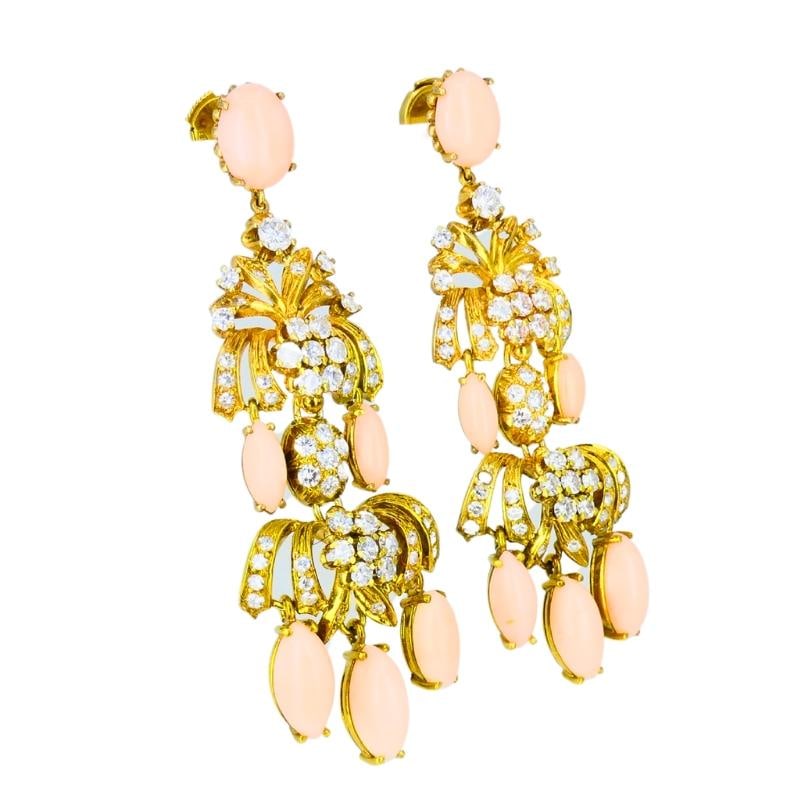 Vintage Angel Skin Coral Dangle Earrings 18k Gold Diamond Estate Jewelry - 5