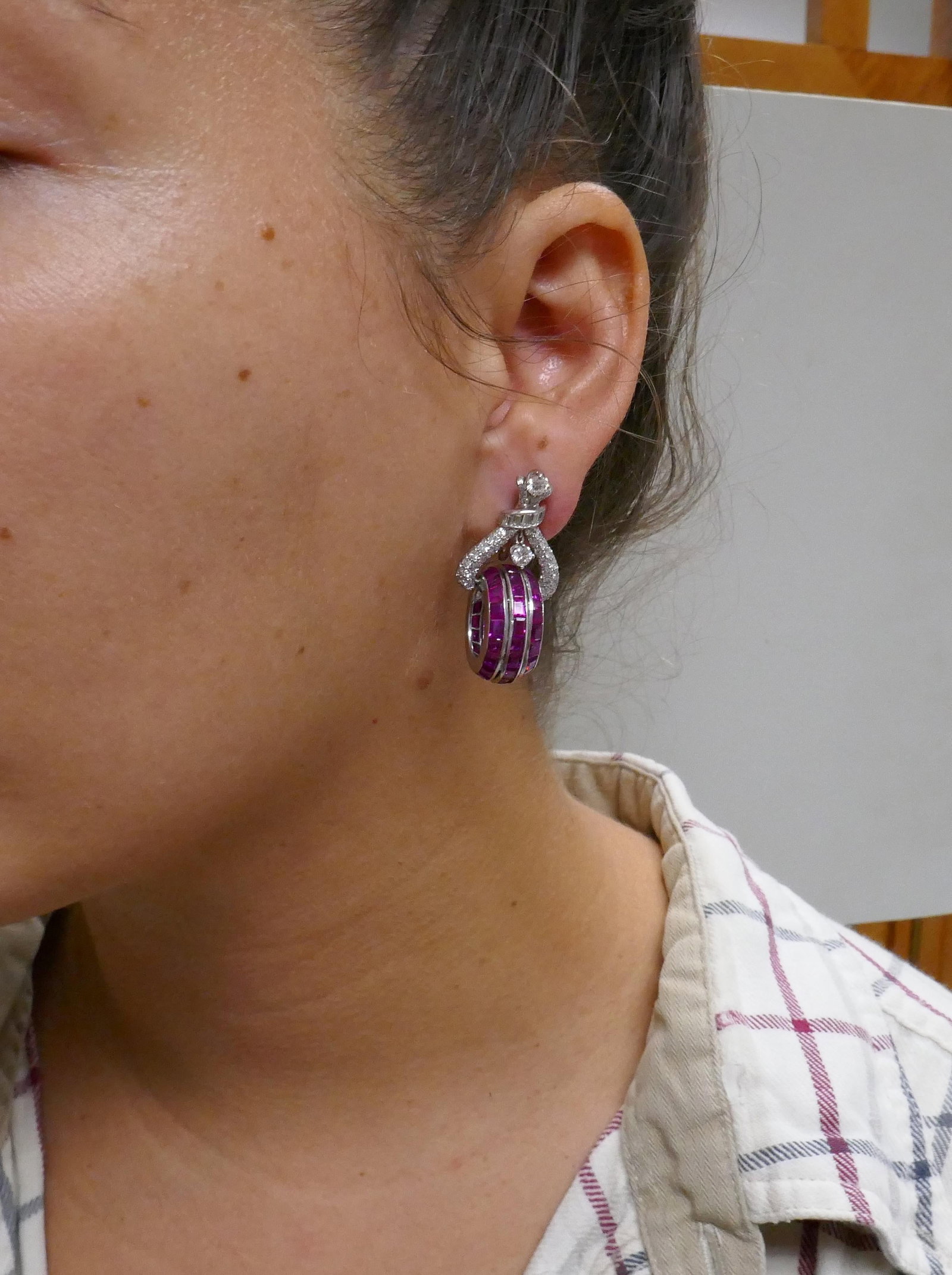 Vintage French cut Ruby Diamond Platinum Earrings - 4