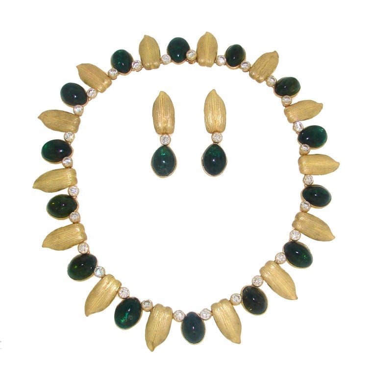 Buccellati Vintage 18k Gold Necklace Earrings Set Diamond Tourmaline - 3