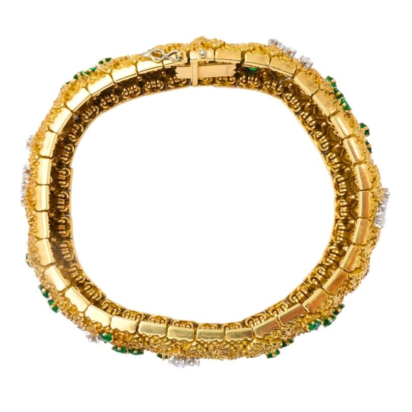 French 18k Gold Platinum Emerald Diamond Bracelet Vintage Jewelry - 3