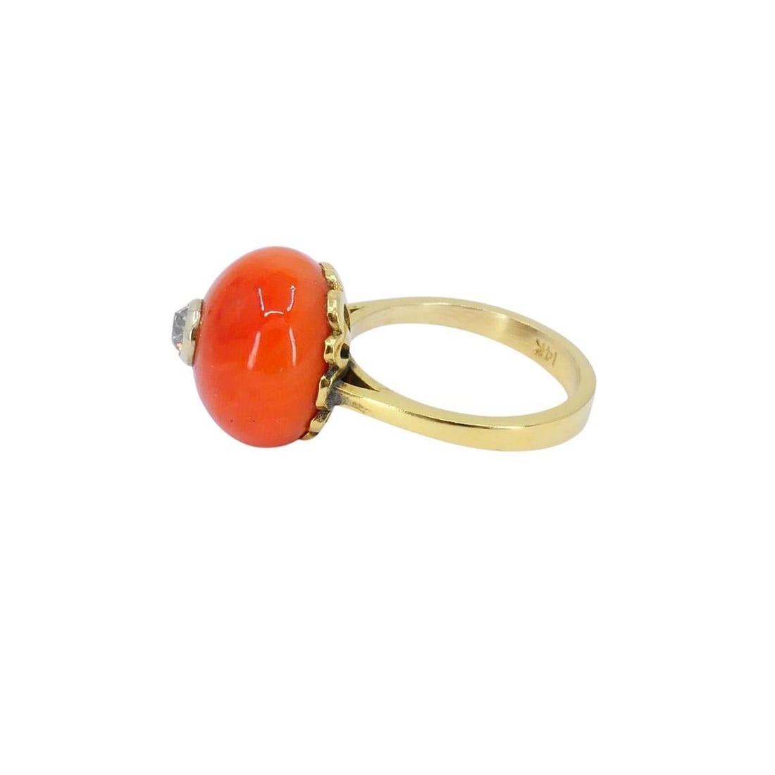 Vintage 14k Gold Coral Ring Diamond Accent - 4