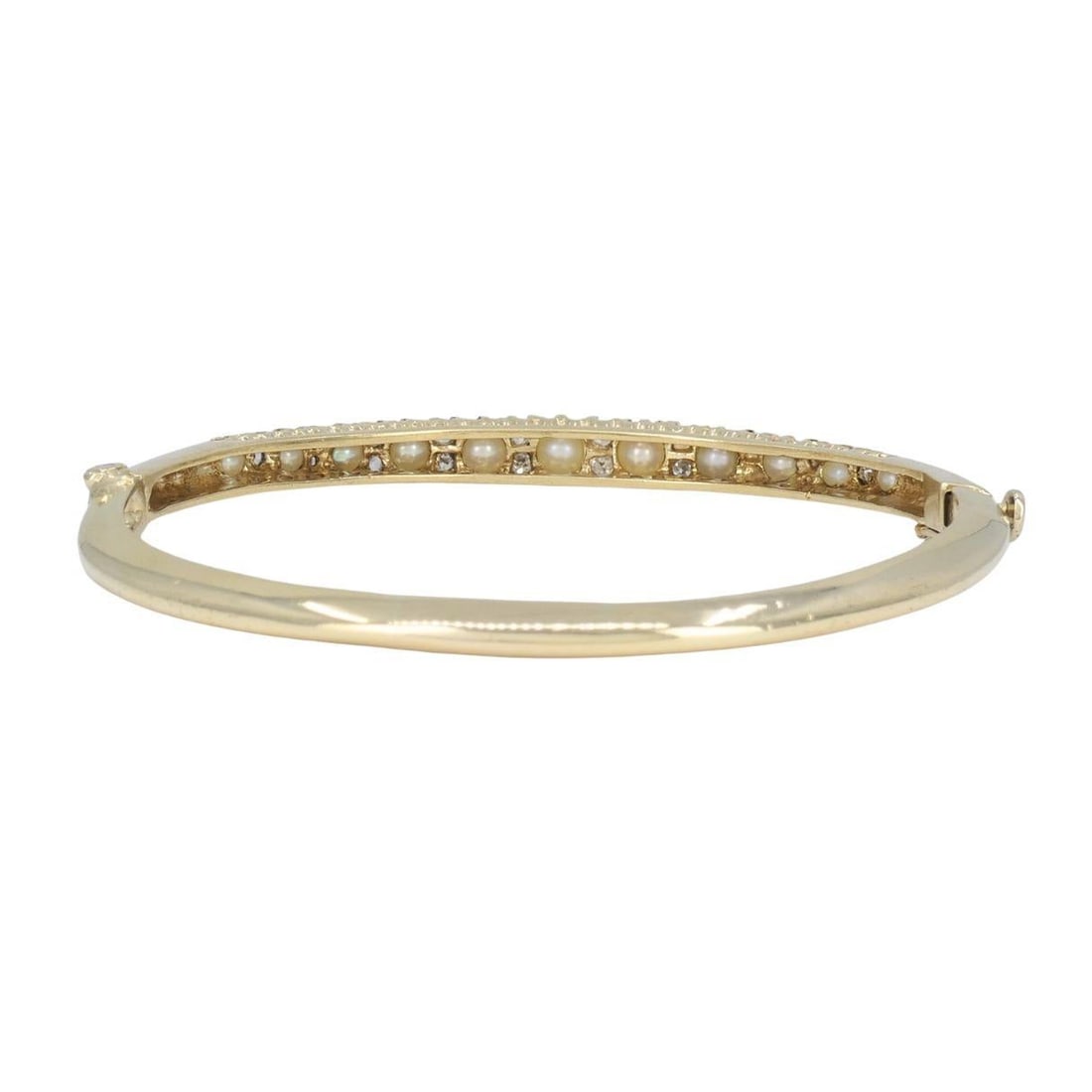 Antique Victorian 14k Yellow Gold Pearl Diamond Hinged Bangle Bracelet - 3