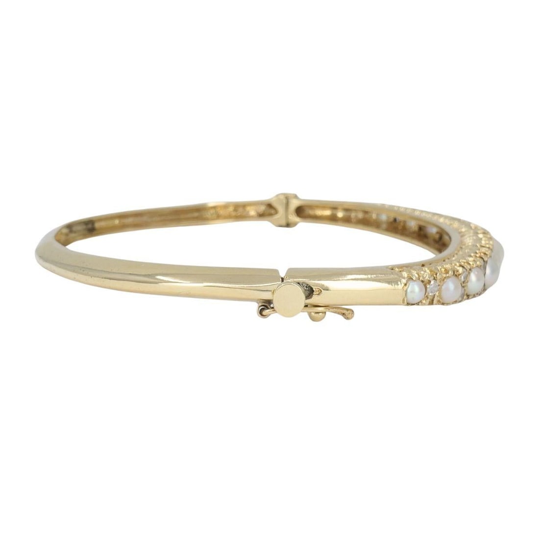 Antique Victorian 14k Yellow Gold Pearl Diamond Hinged Bangle Bracelet - 5