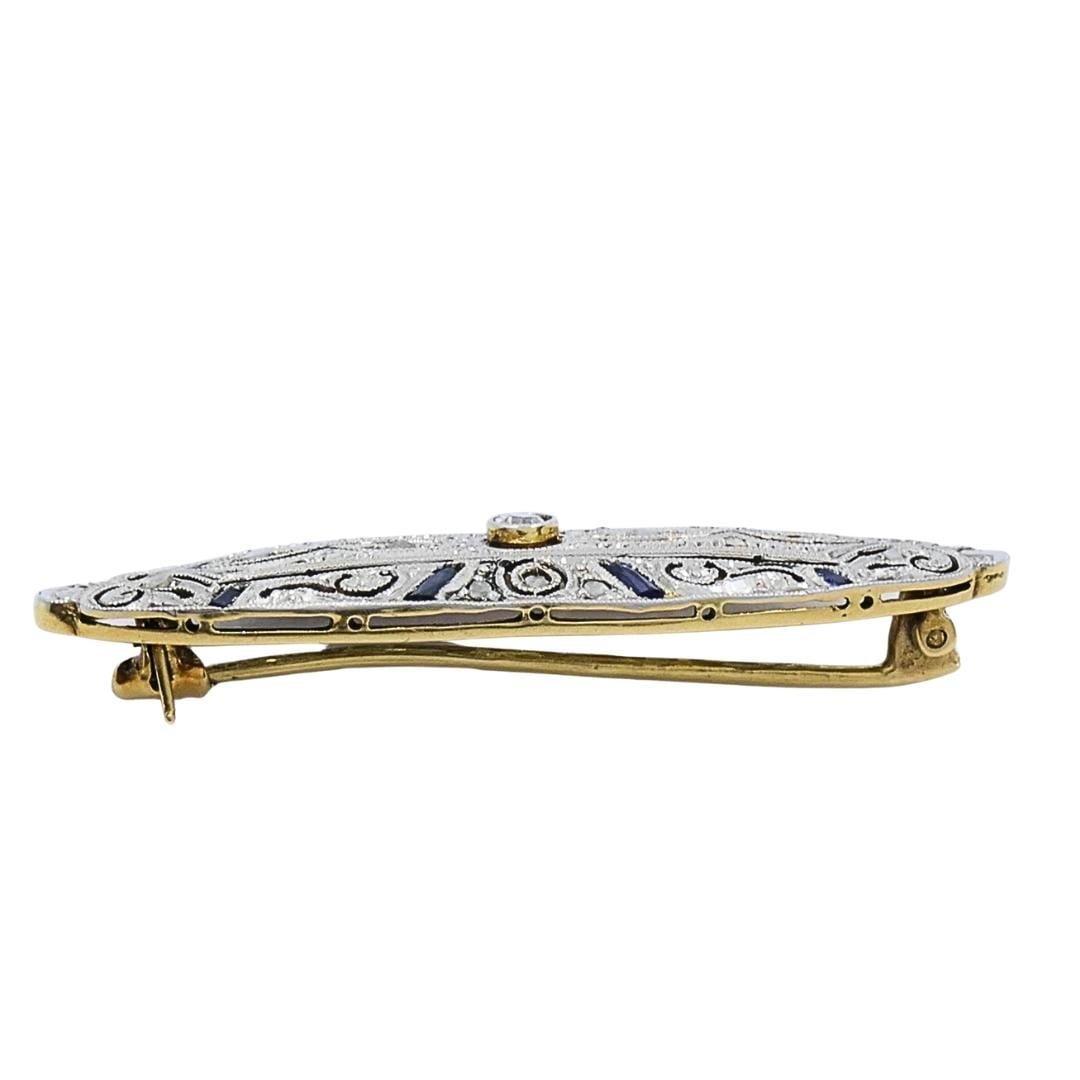 Art Deco 18k Gold Diamond Sapphire Navette Brooch - 3