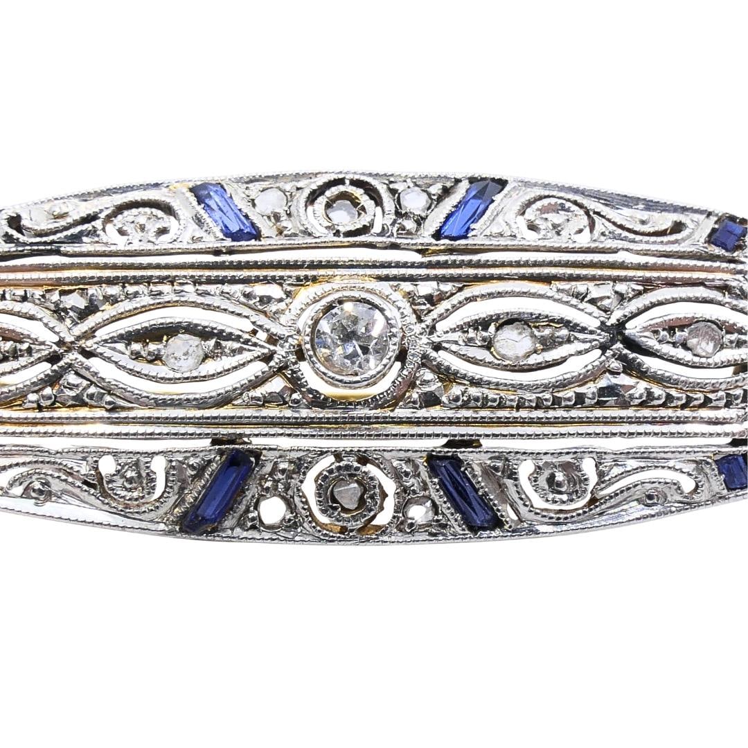 Art Deco 18k Gold Diamond Sapphire Navette Brooch - 4