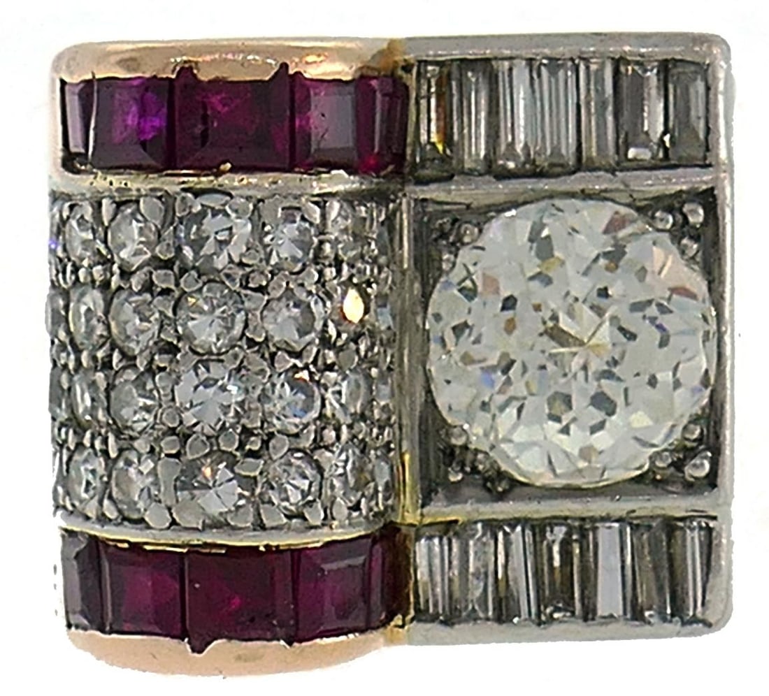 Jubilee Cut Diamond Ruby Gold Retro Ring - 2