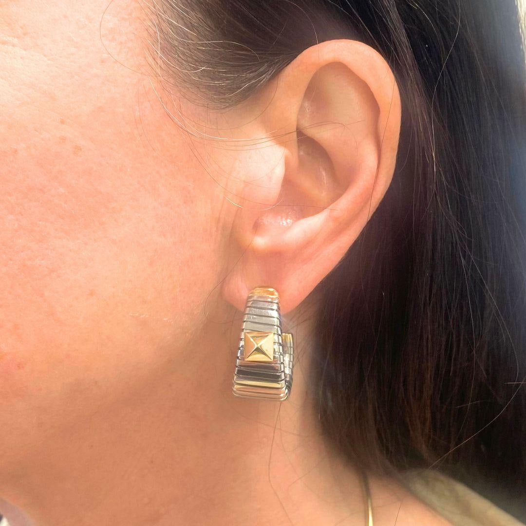 Bvlgari 18k Yellow Gold & Steel Tubogas Pyramid Hoop Earrings - 3
