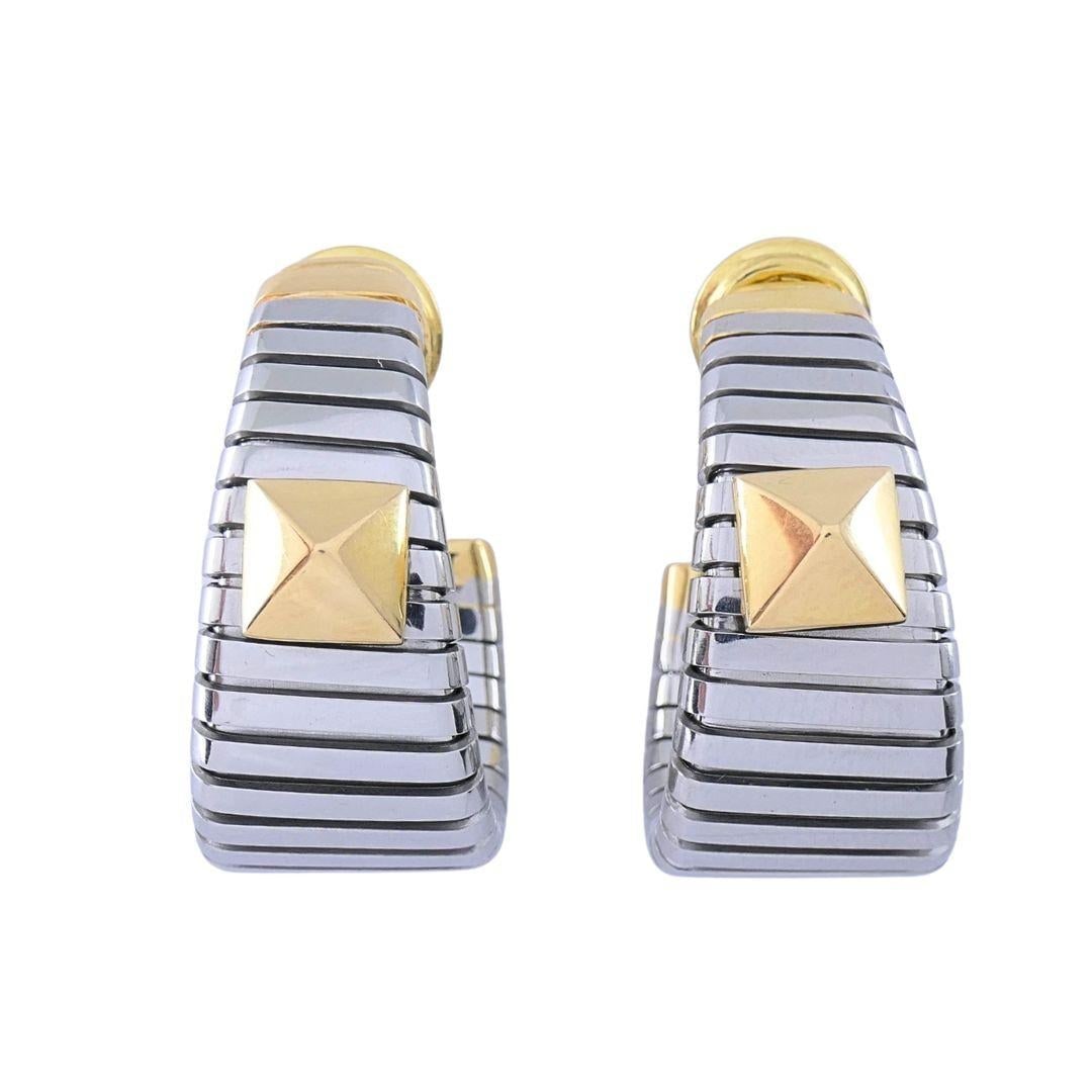 Bvlgari 18k Yellow Gold & Steel Tubogas Pyramid Hoop Earrings - 4