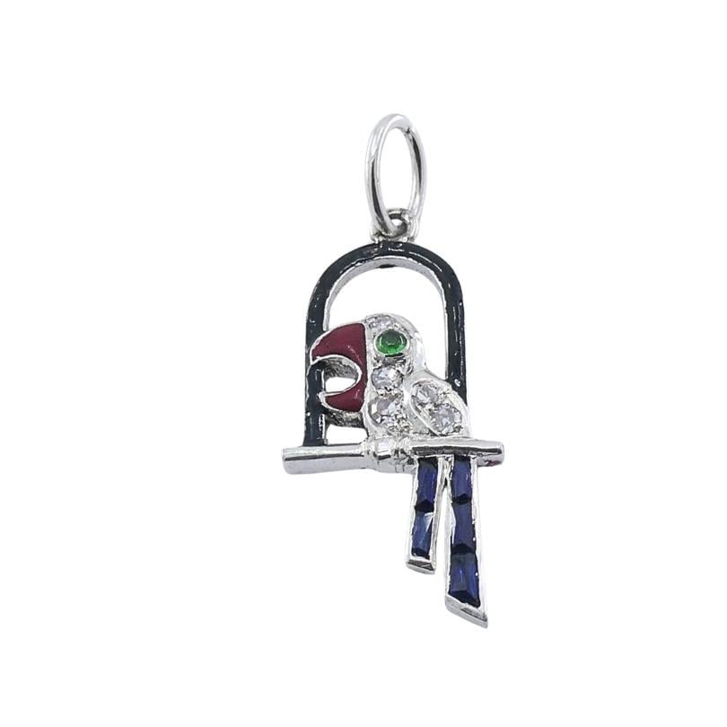 Antique Platinum Parrot Charm Gemstone Diamond Accents - 5