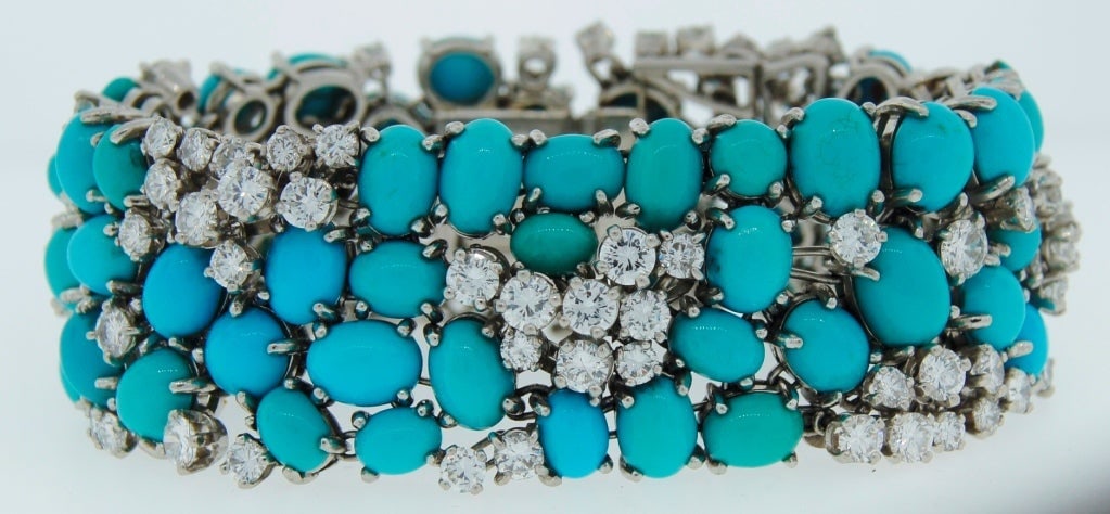 1960s French Turquoise Diamond Platinum Bracelet - 2