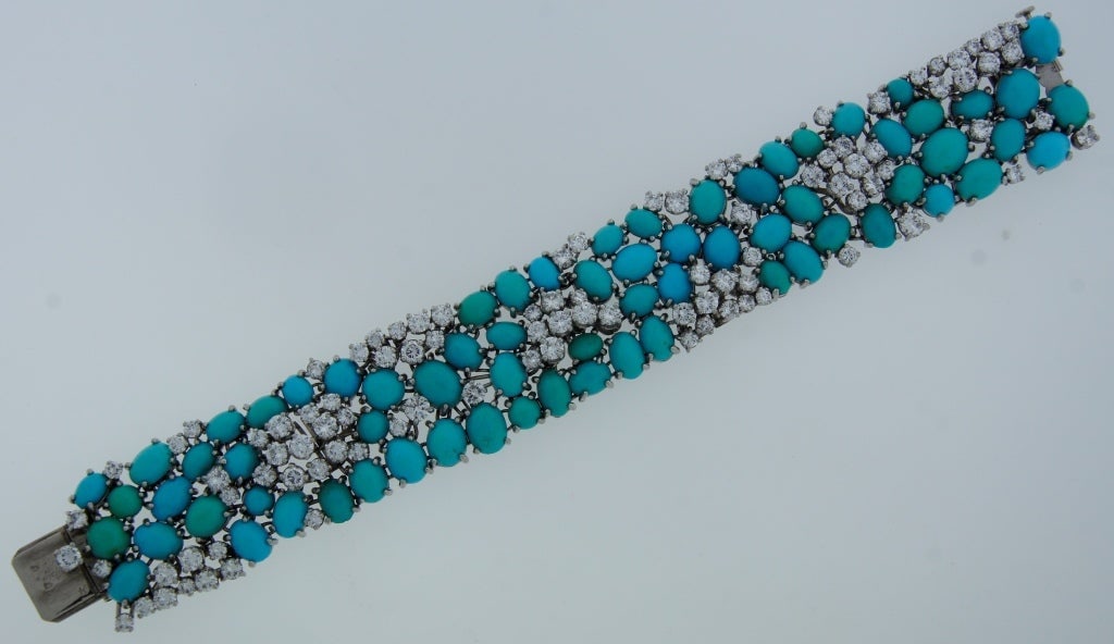 1960s French Turquoise Diamond Platinum Bracelet - 3