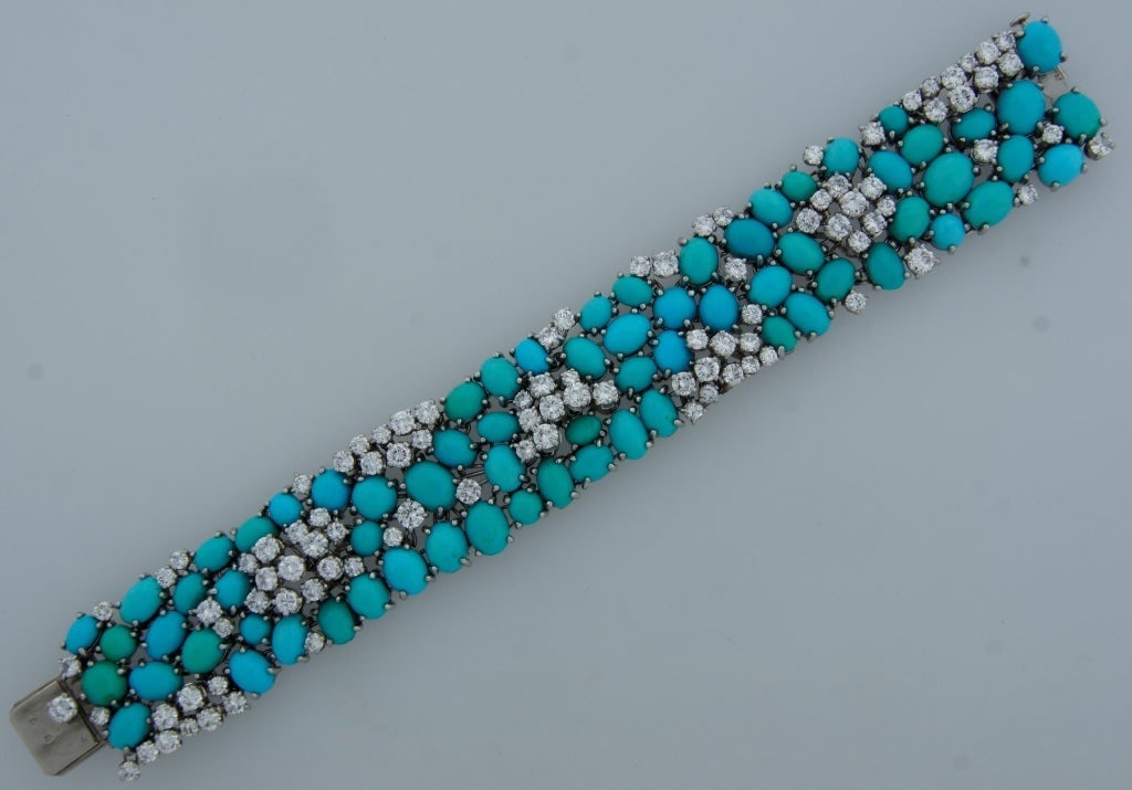 1960s French Turquoise Diamond Platinum Bracelet - 4