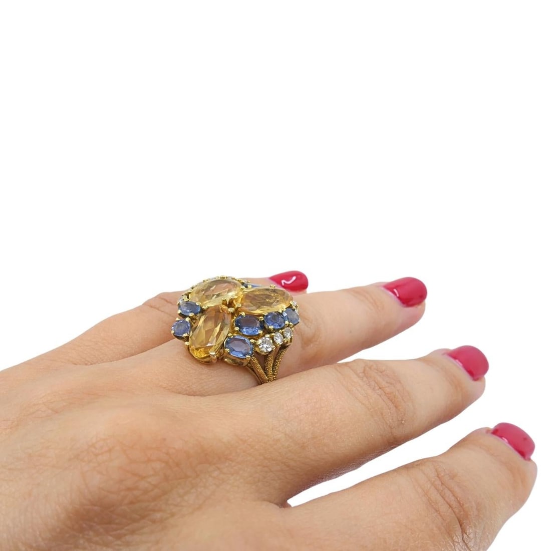 Vintage 14k Gold Imperial Topaz Blue Sapphire Diamond Cluster Cocktail Ring - 3