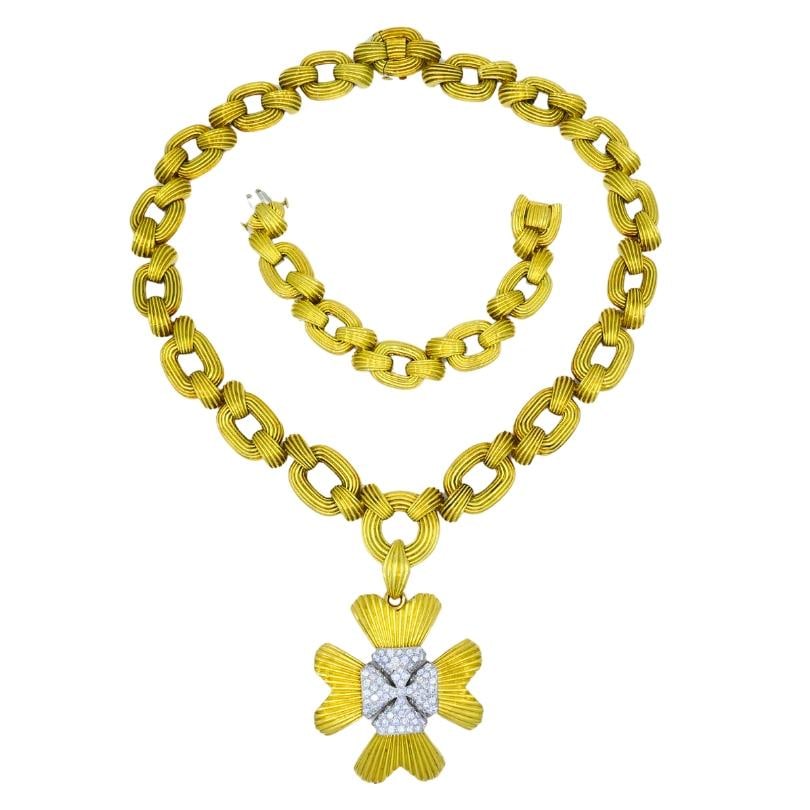 David Webb Necklace Sautoir Chain Oval Links 18k Gold Platinum Diamond Brooch - 4