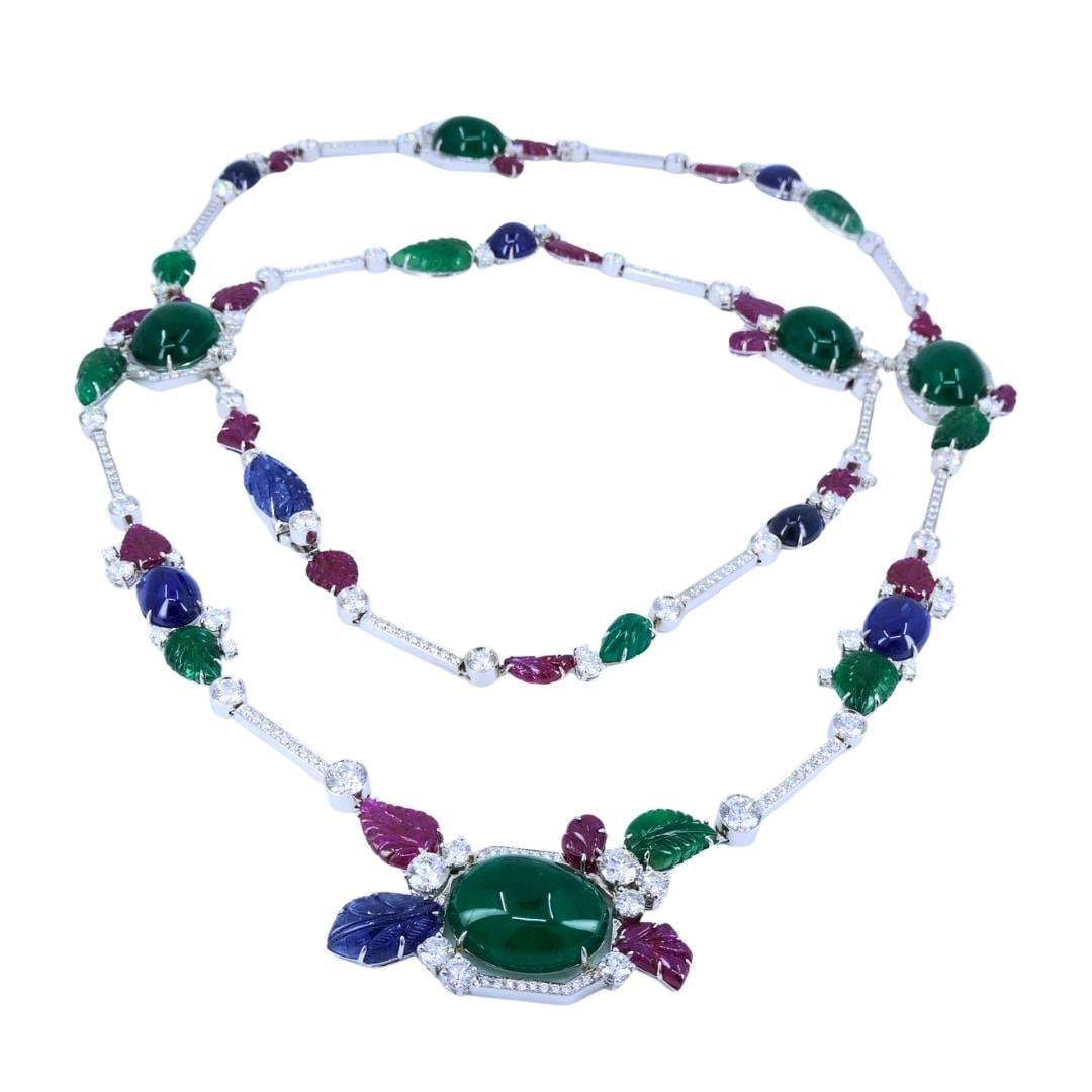Sabbadini Tutti-Frutti Necklace 18k White Gold Carved Gemstones - 4