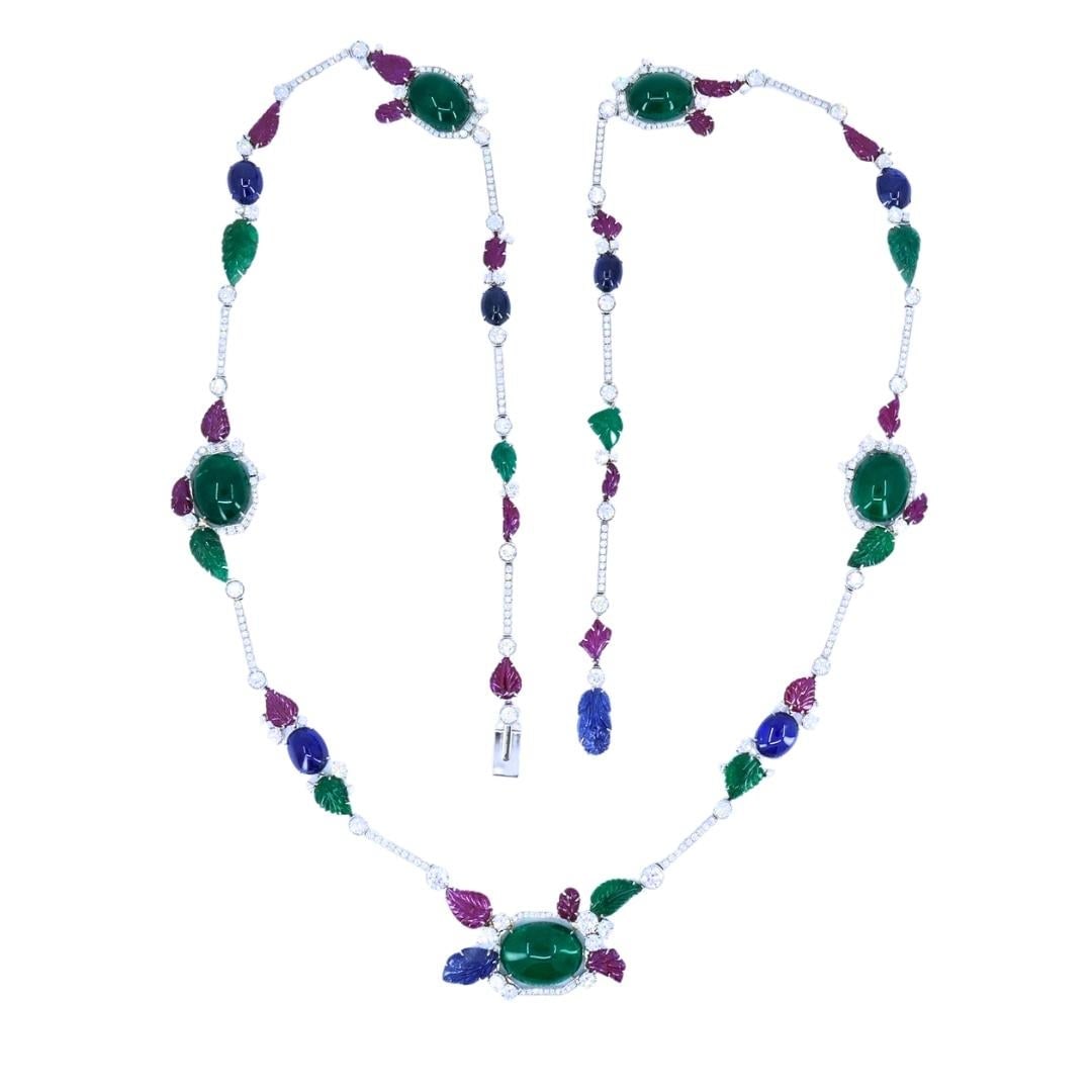 Sabbadini Tutti-Frutti Necklace 18k White Gold Carved Gemstones - 5