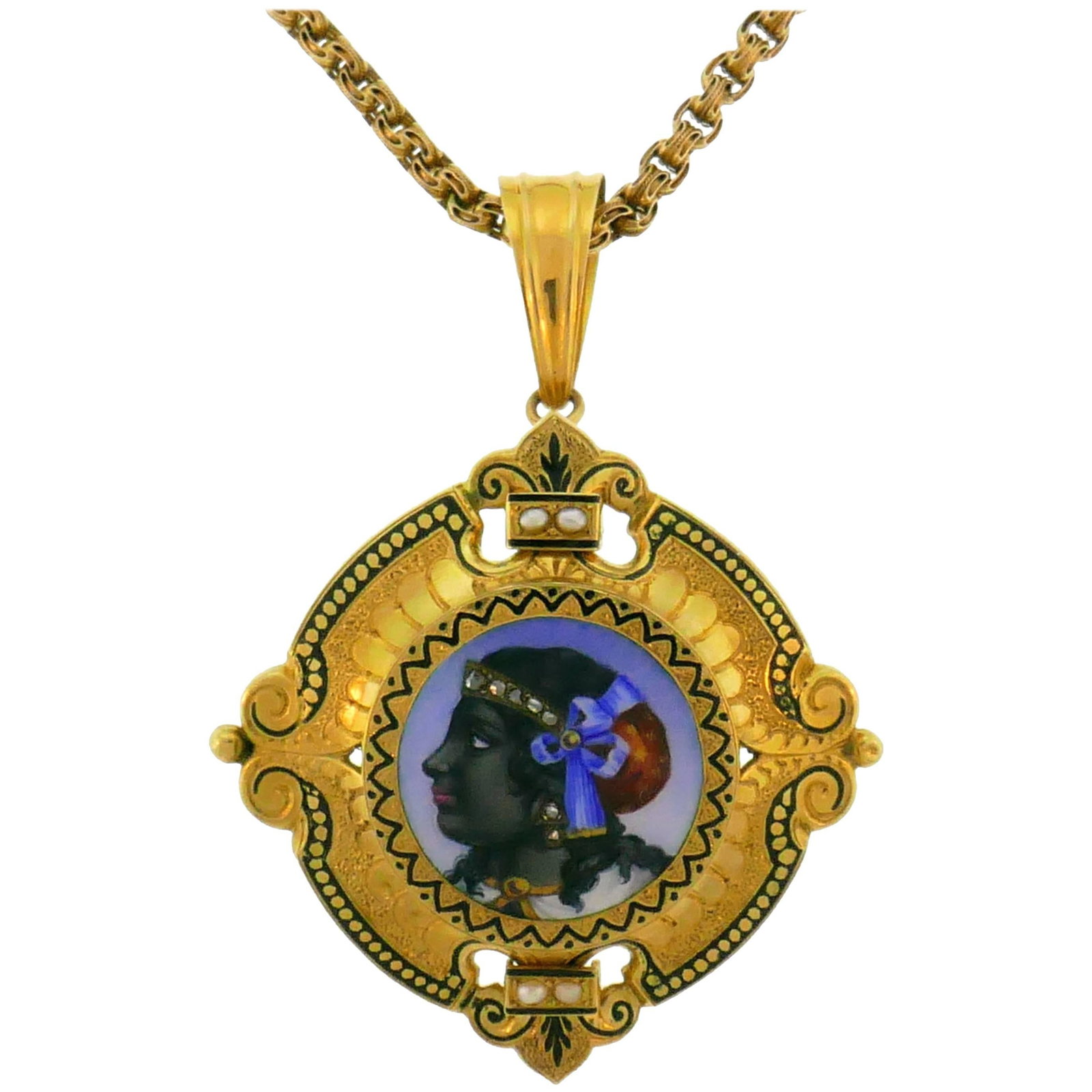 Victorian Enamel Painting Gold Pin Brooch Necklace Pendant: Amazing Victorian pin/necklace created in the 1900's. Features a handmade enamel painting depicting a woman's profile wearing a diamond diadem and earrings, and colorful head scarf. The painting is fr