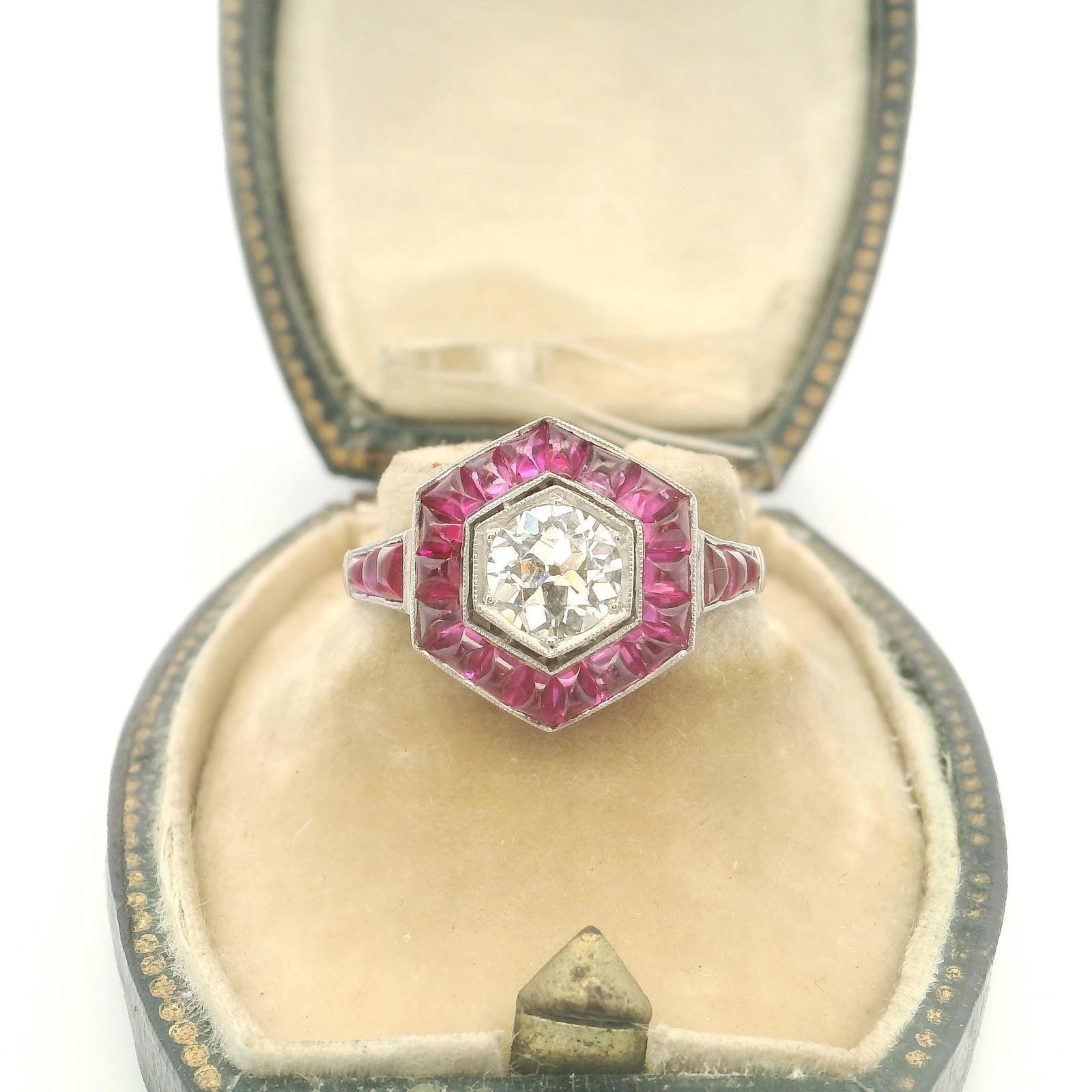 Platinum Old European Cut Diamond and Natural Ruby Ring - 5
