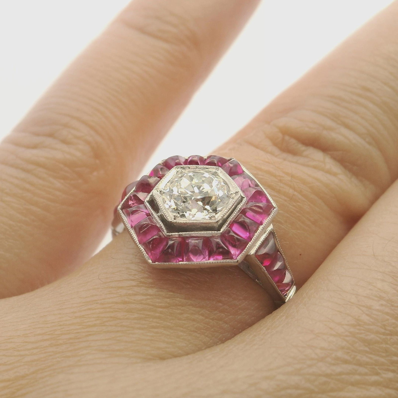 Platinum Old European Cut Diamond and Natural Ruby Ring - 6