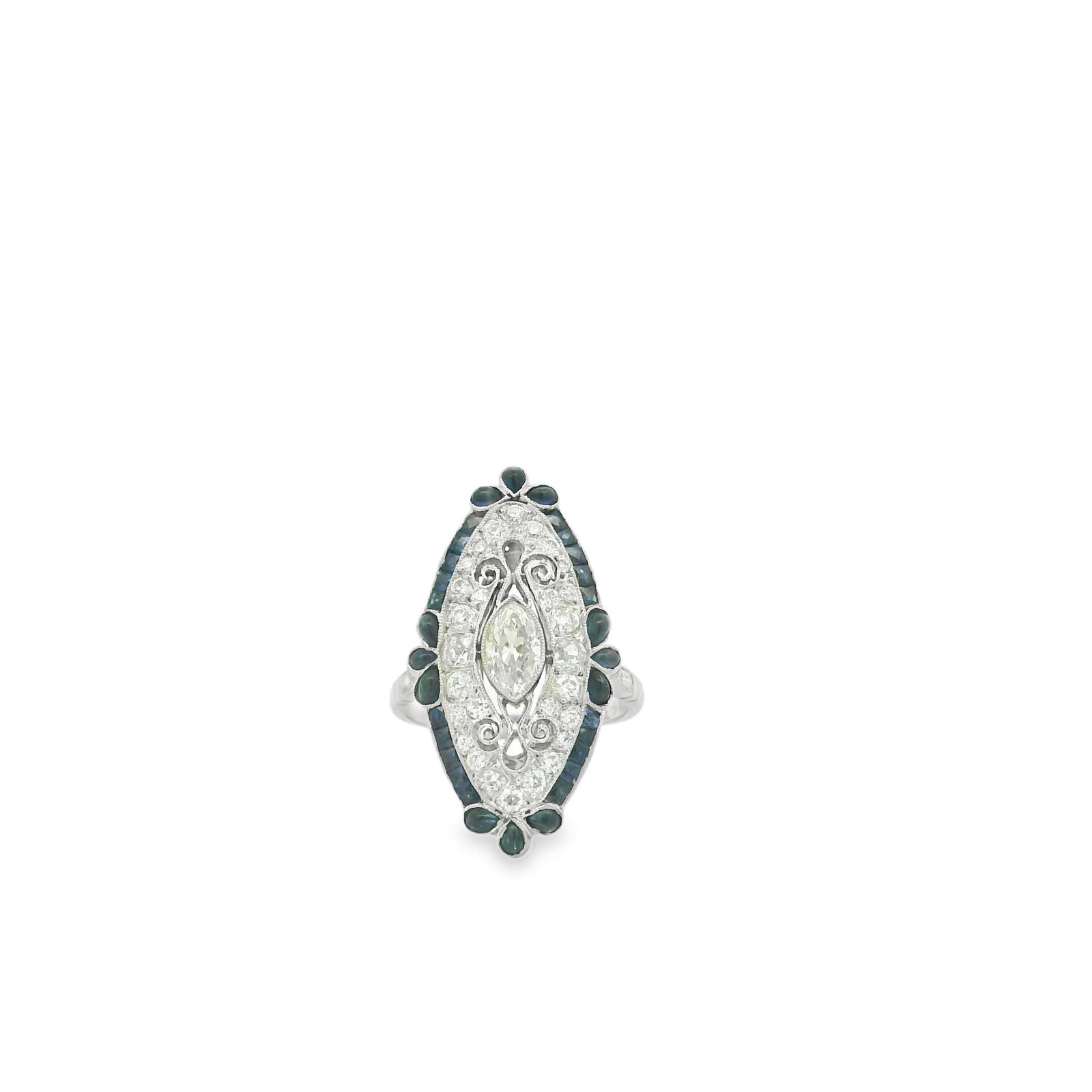 Platinum Engagement Ring with Natural Old Mine Cut Diamonds and Natural Sapphires - 4