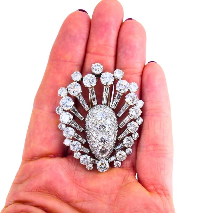 Vintage 1950s Platinum Diamond Peacock Brooch Clip Old European Baguette Cut - 2
