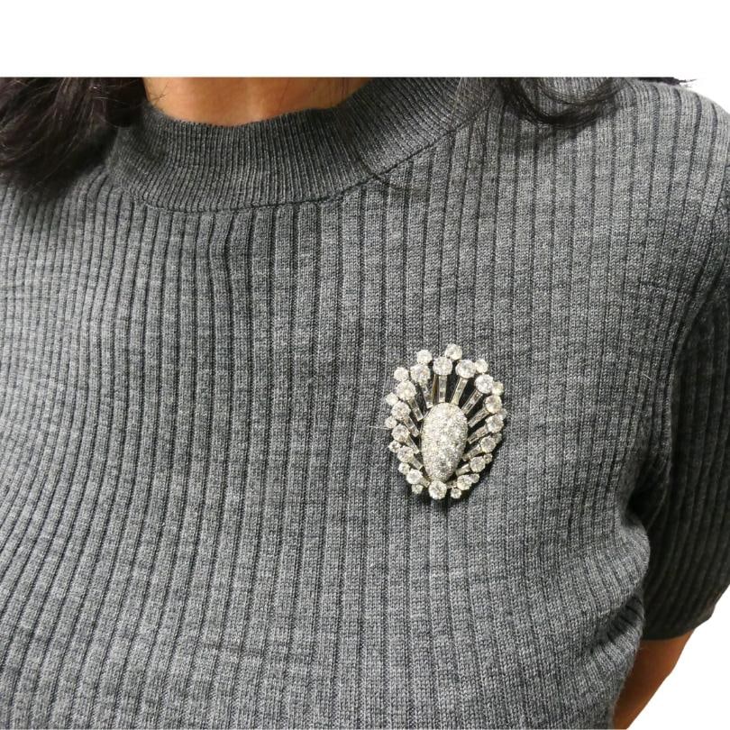 Vintage 1950s Platinum Diamond Peacock Brooch Clip Old European Baguette Cut - 3
