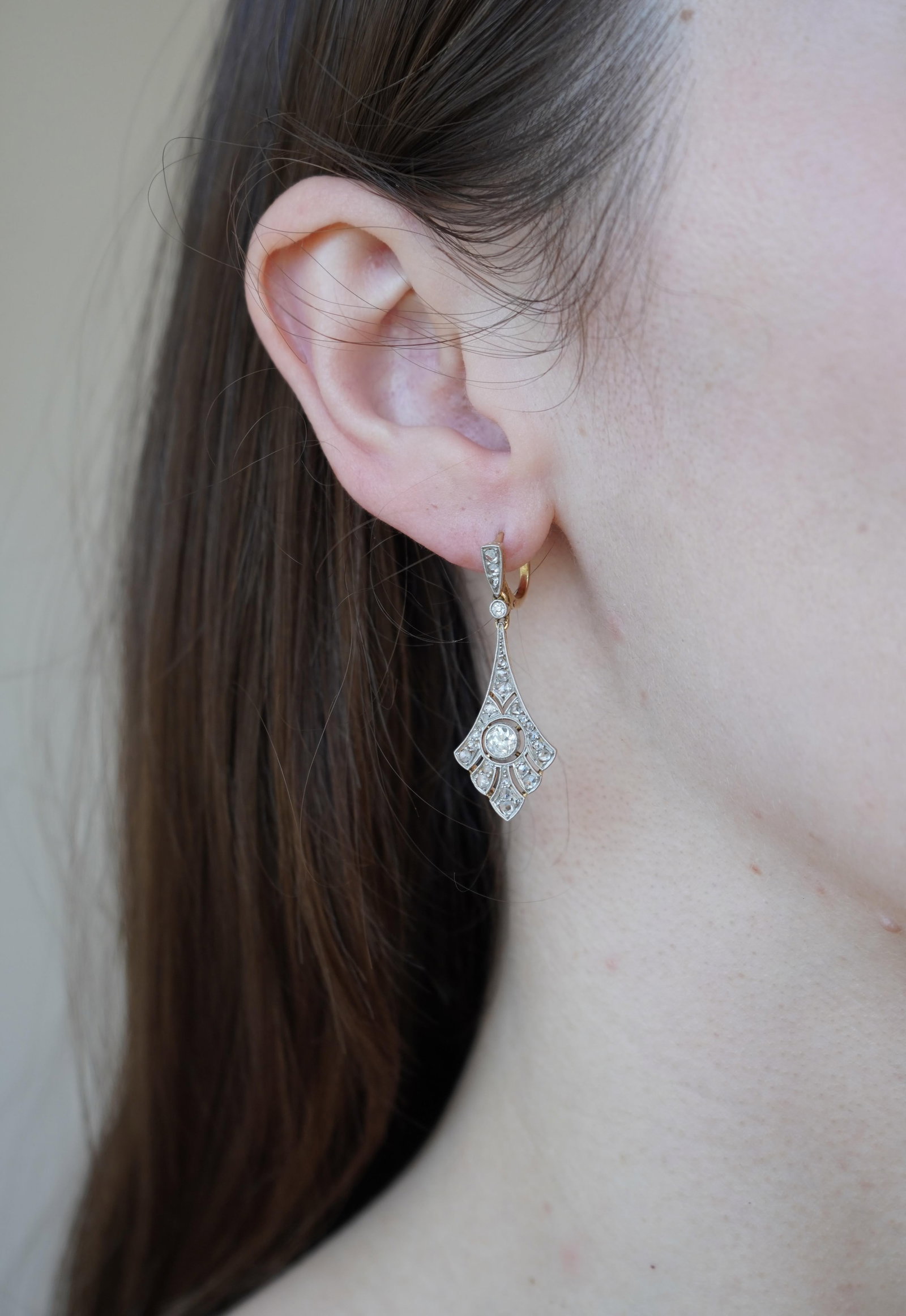 Antique 18k Gold Platinum Old Cut Diamond Drop Earrings, Early 20th Century - 2