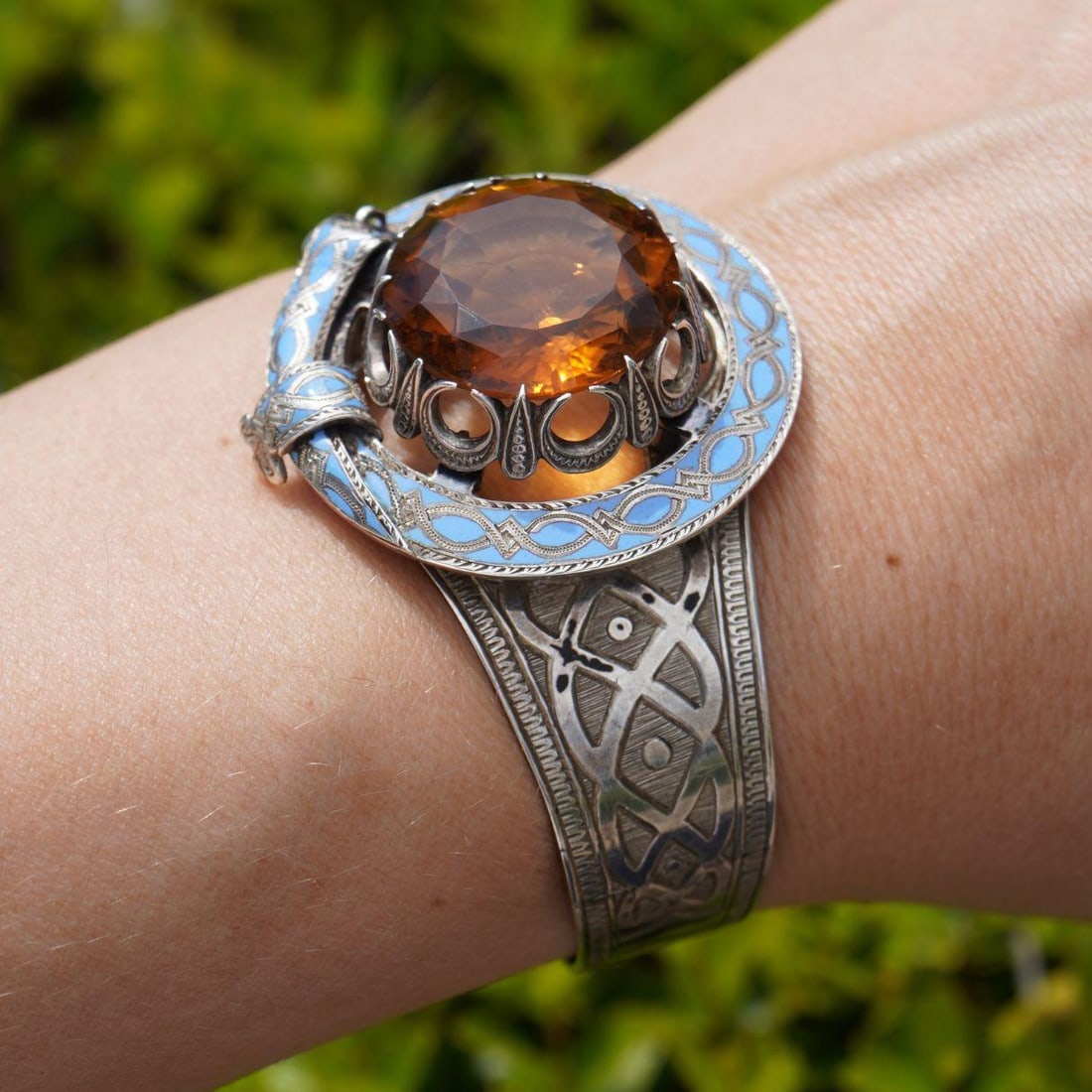 Antique Victorian Mackay Scottish Silver Blue Enamel Citrine Hinged Bracelet - 3