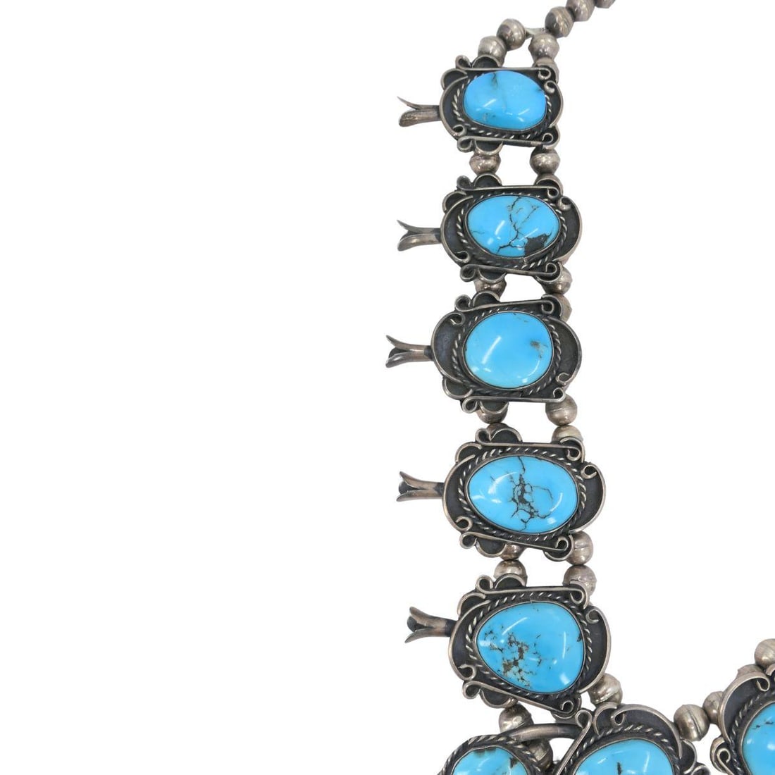 Navajo Native Indian Sterling Silver Turquoise Squash Blossom Necklace - 3