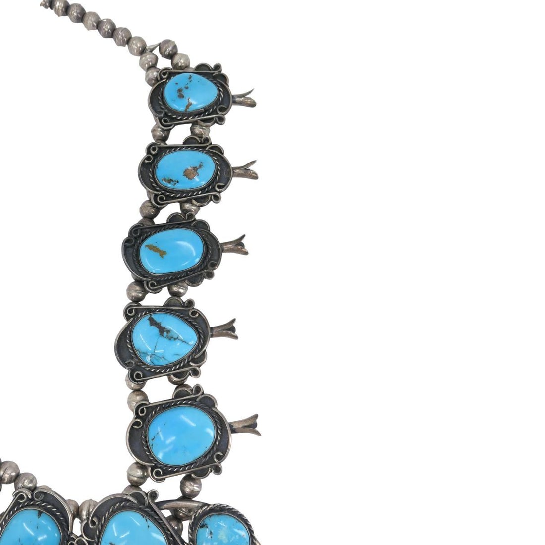 Navajo Native Indian Sterling Silver Turquoise Squash Blossom Necklace - 4